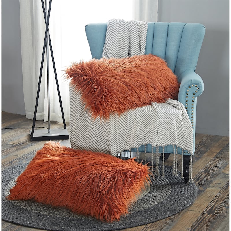 Karenne FauxFur Throw Pillow Covers (Set of 2), NO INSERT - 14" x 26" - Rust