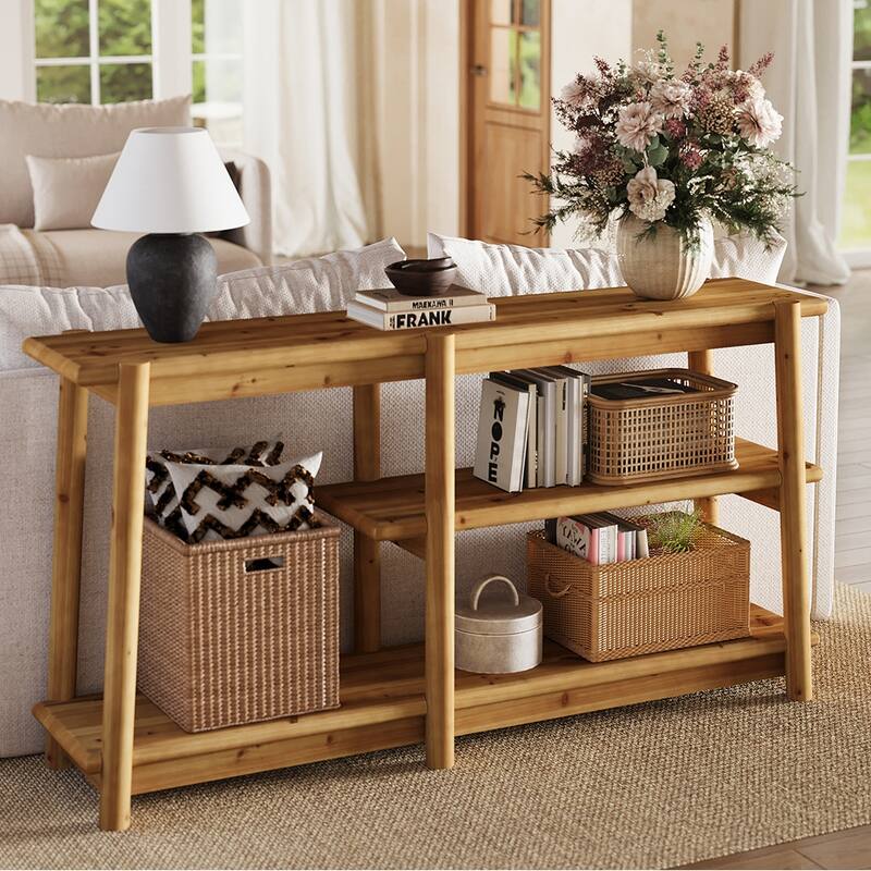 63'' Solid Wood Console Table, Mortise And Tenon Decorative Detail