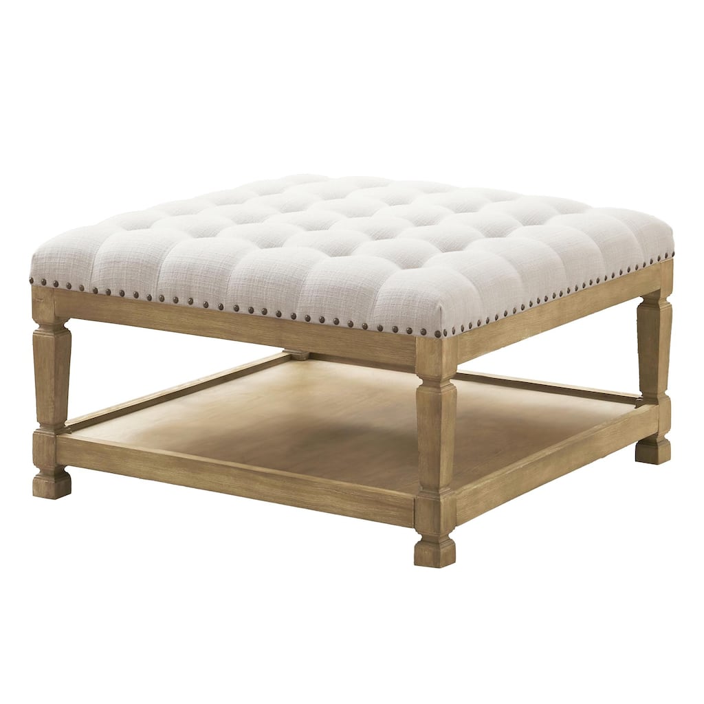 Button-Tufted Upholstered Coffee Table Ottoman with Wooden Shelf – Square Fabric Ottoman