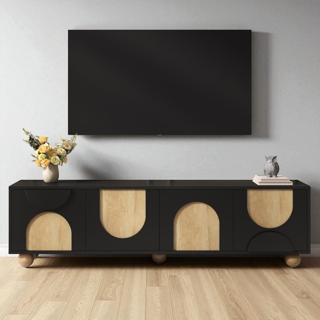 69.6" Farmhouse TV Stand for TVs up to 75", Media Console with Cable Holes, Rebound Doors, 5 Wood Legs