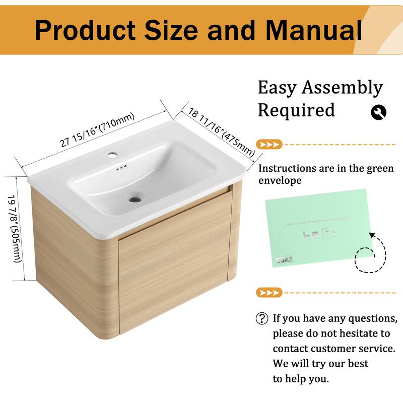 Malwee 28"/40"/52"/68" Floating Bathroom Vanity, Wall Mounted Bathroom Vanity with Ceramic Sink,Soft Close Door and Shelf