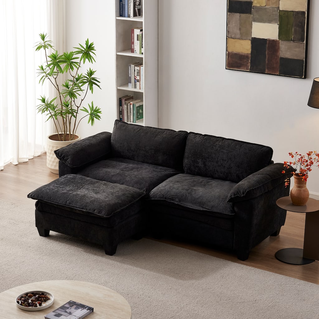 Roomfitters Modern Loveseat Sofa with Ottoman, Modular 2-Seater Sectional Couch with Padded Cushions for Small Spaces, Black