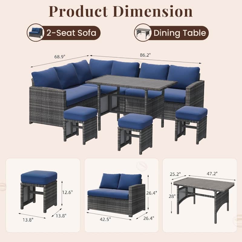 AECOJOY 7-Piece Outdoor Patio Wicker Sectional Sofa with Dining Table