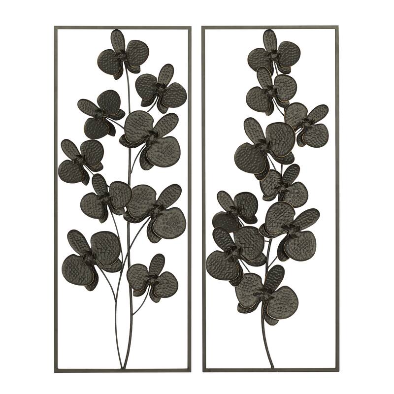 Black Metal Orchid Floral Home Wall Decor with Black Frame (Set of 2)
