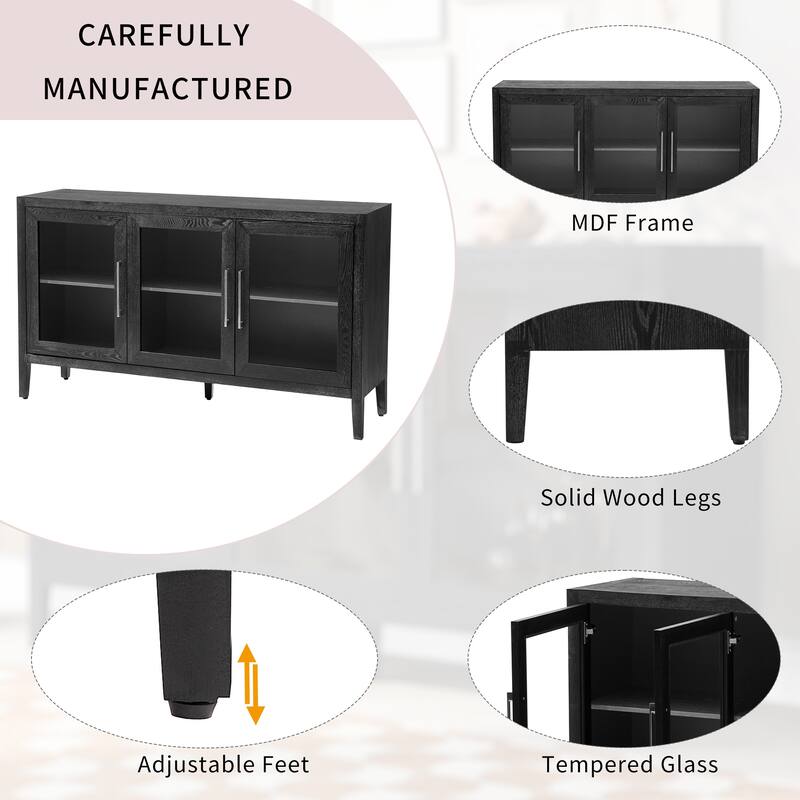 Wood Storage Cabinet with 3 Tempered Glass Doors, Adjustable Shelves,Metal Handles Ideal for Living Room, Study, Entryway