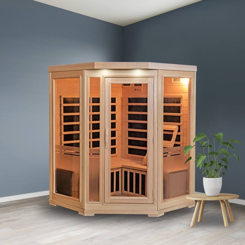 HeatWave Sonoma 3-Person Hemlock Infrared Corner Sauna with 7 Carbon Heaters - 55" W x 35" D x 75" H - 55" W x 35" D x 75" H