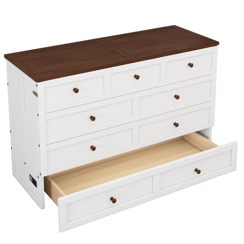 Murphy Bed Chest with Charging Station and Large Storage Drawer