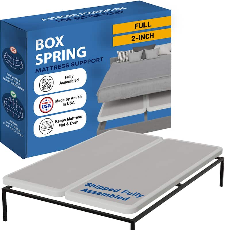 Box Spring Bed Base, 2" Wood Foundation, Quiet Noise Free, 2-Pieces Under Mattress-Support Box Spring, Fully Assembled, White - Full - White