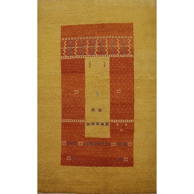 Hand Knotted Oriental 100% Wool Carpet Modern Geometric Yellow & Gold Gabbeh Area Rug - 6' 5'' X 4' 7''