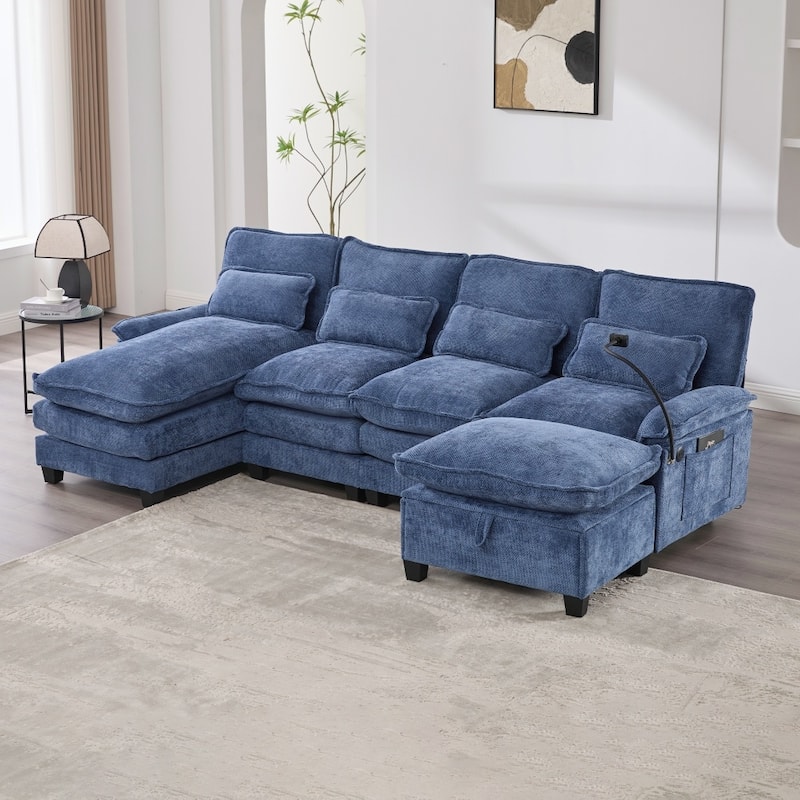 106.69" Modular U-shaped Sectional Sofa with Chaise Lounge and Ottoman, Pillows - Navy