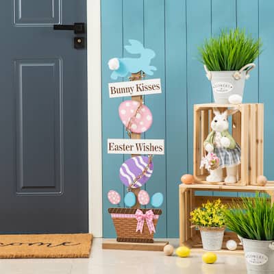 Glitzhome Wooden Happy Easter Bunny Eggs Porch Sign Standing Decor Spring Gift