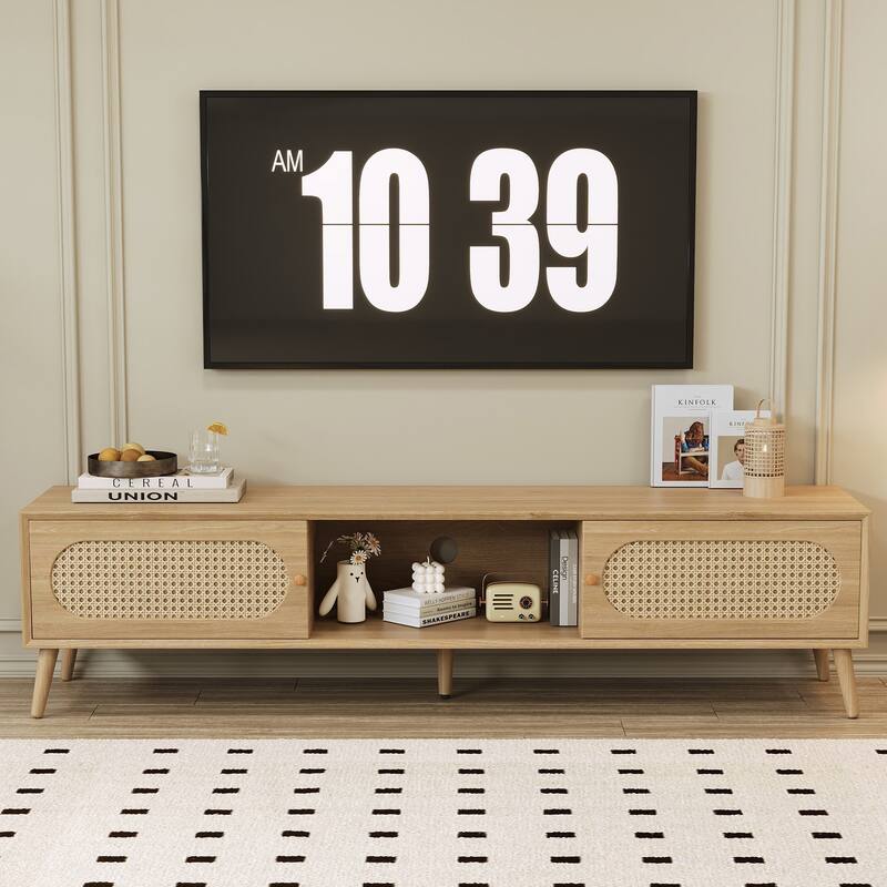 Boho Farmhouse Wicker TV Stand Media Console, for TVs up to 80" with 1 Drawer and 2 Spacious Cabinets, for Living Room