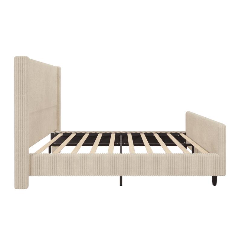 Vertical Stripe Wingback Bed Corduroy Fabric Frame Platform Bed