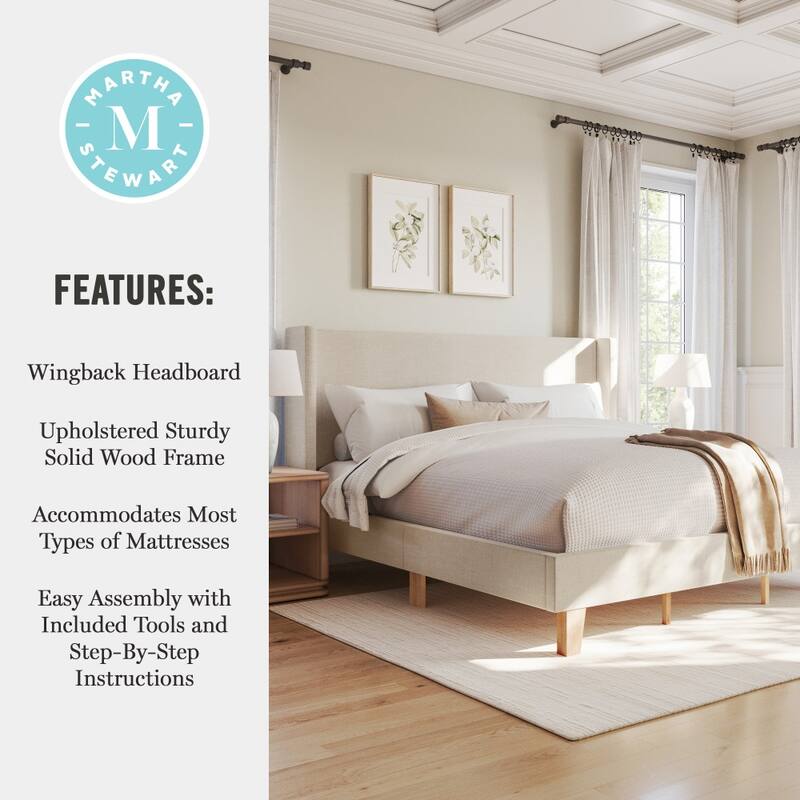 Martha Stewart Upholstered Platform Bed with Wingback Headboard
