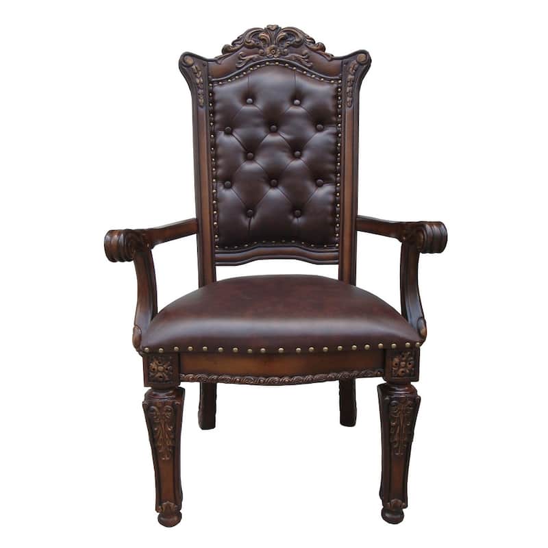 HomeRoots Set of Two Tufted Brown and Redwood Upholstered Faux Leather And Solid Wood Dining Arm Chairs