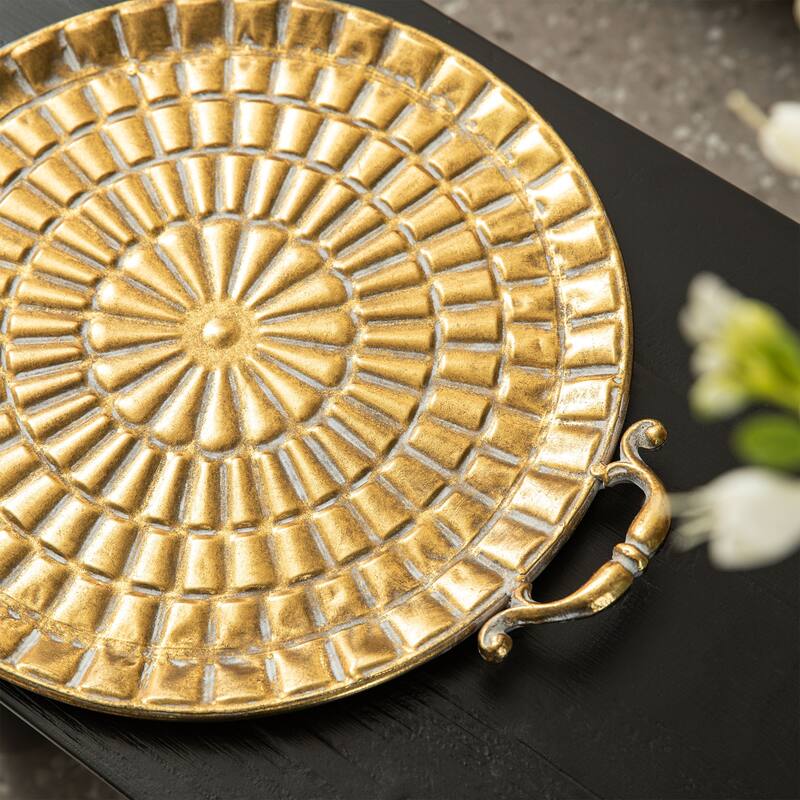 Glitzhome 17"/19"L Vintage Round Metal Gold Embossed Decorative Trays with Handles Set of 2