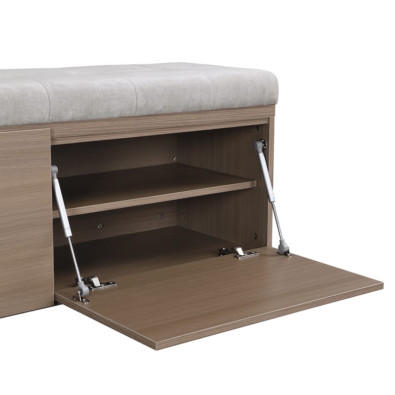 Wooden Shoe Storage Bench Entryway Tufting Bench w/ Adjustable Shelves聽