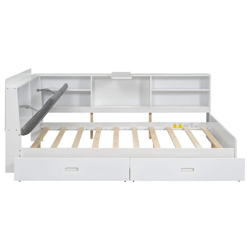 Space-Saving Daybed with 2 Storage Drawers and Bookcase, Wooden L Shaped Platform Bed Frame with Shelves, No Box Spring Needed
