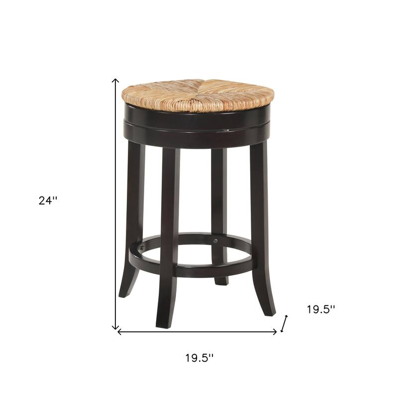 HomeRoots 24" Natural and Espresso Rush and Solid Wood Backless Counter Height Swivel Bar Chair