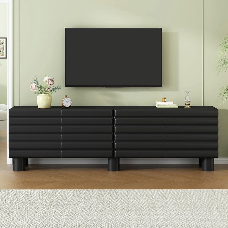 Stylish Thick Wavy Door TV Cabinet - Adjustable Shelves, TV Stand with 4 Cabinets for TVs Up to 75 - Black
