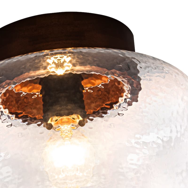 1-Light Wood Flush Mount Ceiling Light with Clear Textured Glass Shade - Dia.11.81-in