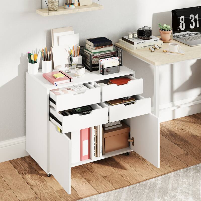 White MDF Mobile File Cabinet with 4 Drawers, Lockable Wheels and Soft-Close Doors