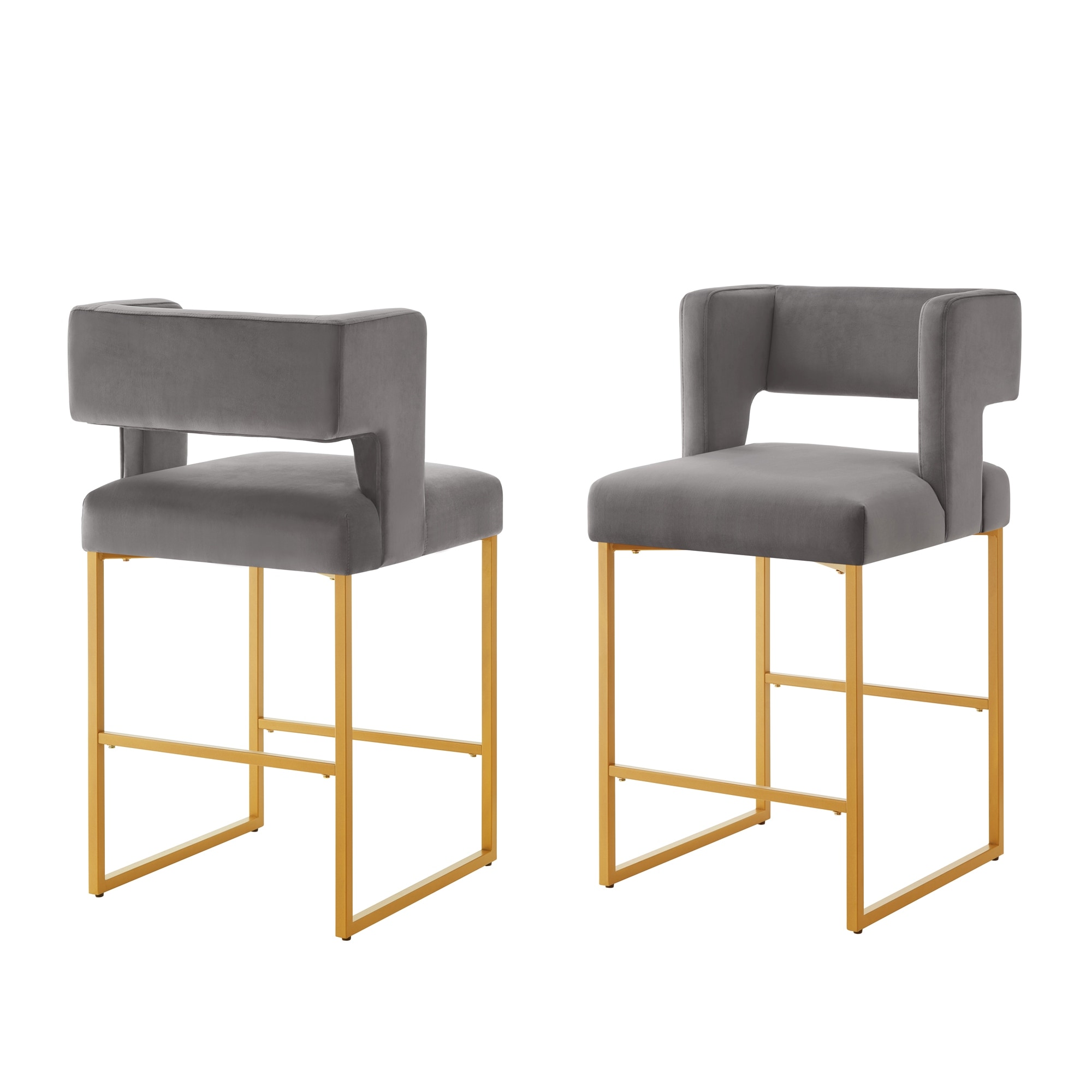 Modern 26" Counter Height Barstools Set of 2, Velvet Upholstered Bar Chairs with Gold Iron Base and Square Open Backrest