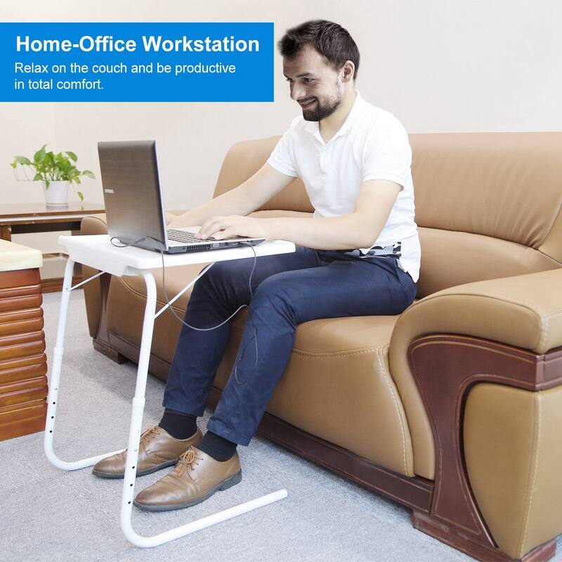 White Foldable TV Tray Table with Adjustable Angles and Lightweight Portable Desktop for Home