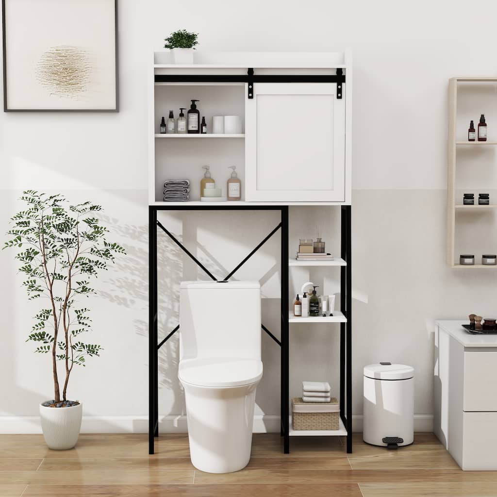 Sofucor Over The Toilet Storage with Sliding Barn Door,Bathroom Cabinet with Adjustable Shelves&Side Rack,for Small Bathrooms