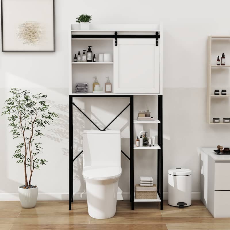Sofucor Over The Toilet Storage with Sliding Barn Door,Bathroom Cabinet with Adjustable Shelves&Side Rack,for Small Bathrooms