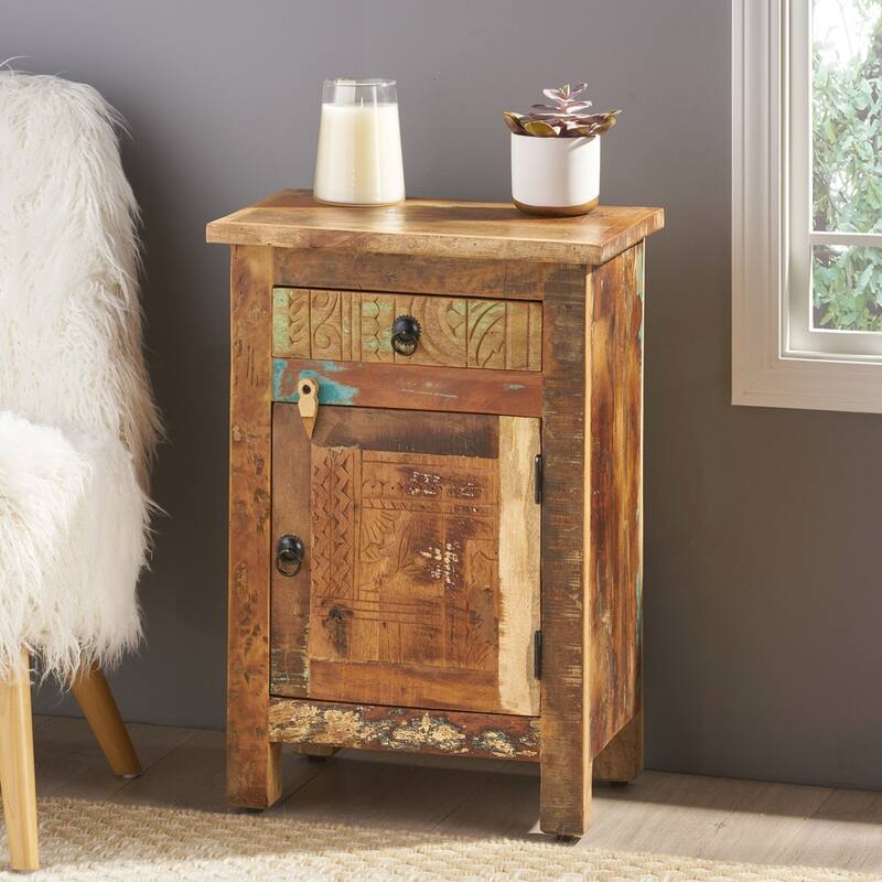 Charming Recycled Wood Side Table with Versatile Storage Options