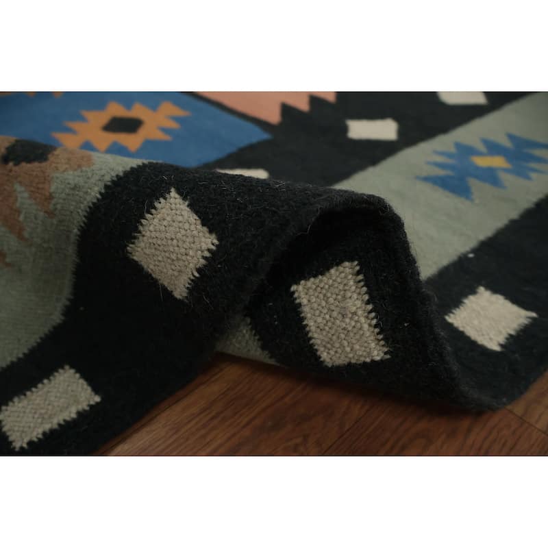 Hand Woven Oriental 100% Wool Carpet Southwestern Tribal Navy Blue & Blues Kilim Area Rug - 10' 0'' X 5' 3''