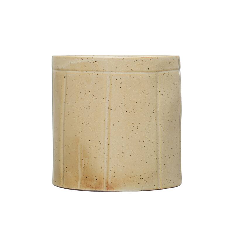 Decorative Stoneware Crock with Line Detail - 6.0"L x 6.0"W x 5.9"H - 6.0"L x 6.0"W x 5.9"H - Tan