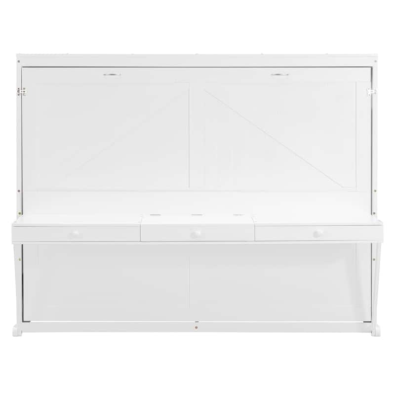 Queen Size Foldable Wall Bed with Storage and Vanity Desk, White