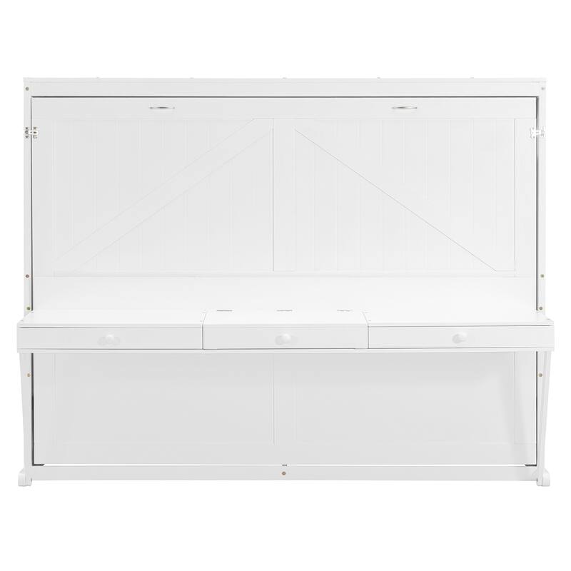 Queen Size Hydraulic Lift Murphy Bed with Vanity Desk and 2 Drawers, Solid Wood Wall Murphy Bed Cabinet, No Box Spring Needed