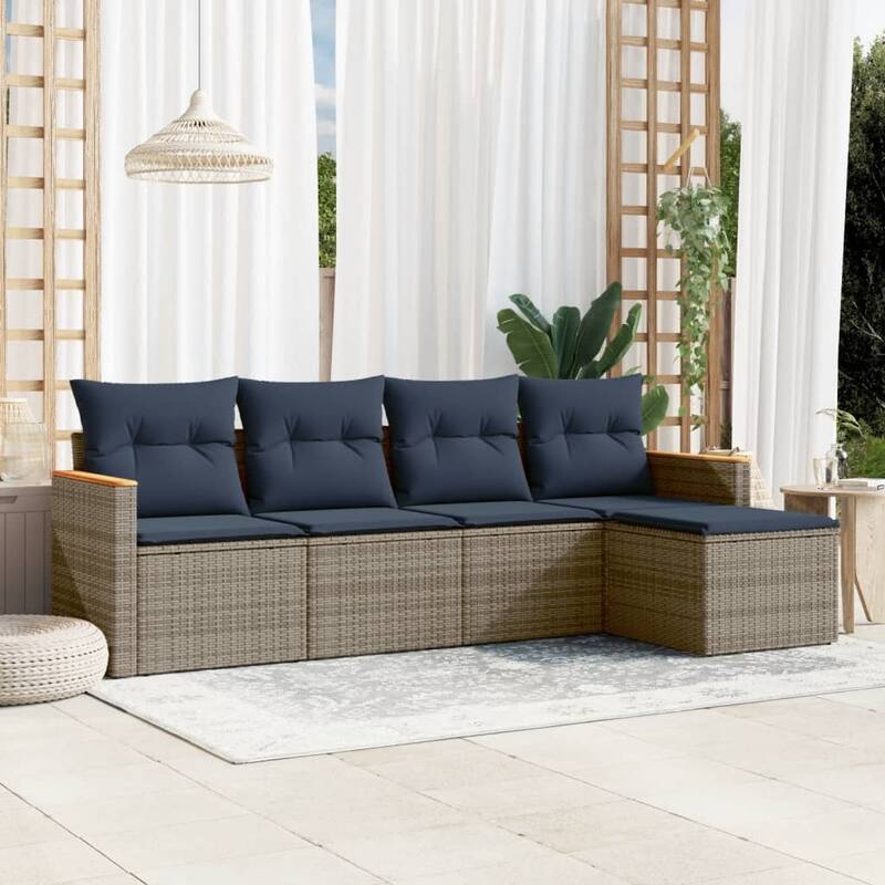 vidaXL Patio Sofa Set with Cushions Outdoor Conversation Furniture Poly Rattan - 21.7x 24.4x 27.2 - Grey and Blue-Without table