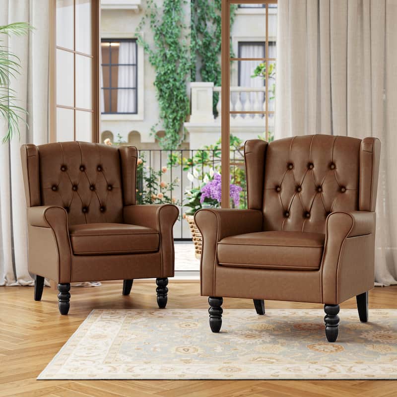 Button Tufted Wingback Upholstered Accent Chairs Set of 2 - Leather Brown