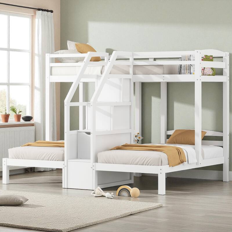 Twin over Twin & Twin Triple Bunk Bed with Built-in Staircase, Storage Drawers, Pine Wood Frame, Space-Saving Design