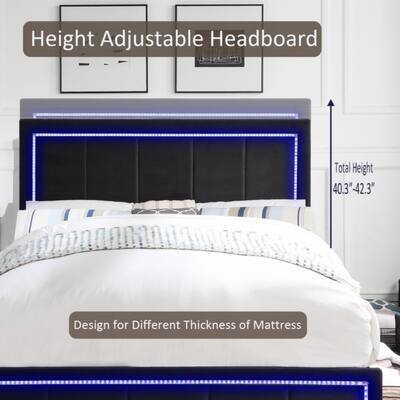 Upholstered Queen Size Platform Bed with LED Lights, Storage Bed with 4 Drawers