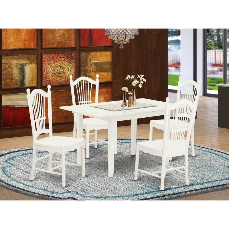 HomeStock 5-Pc Linen White Finish Solid Wood Top - Rectangular Dining Room Set with Butterfly Leaf - Seats 4