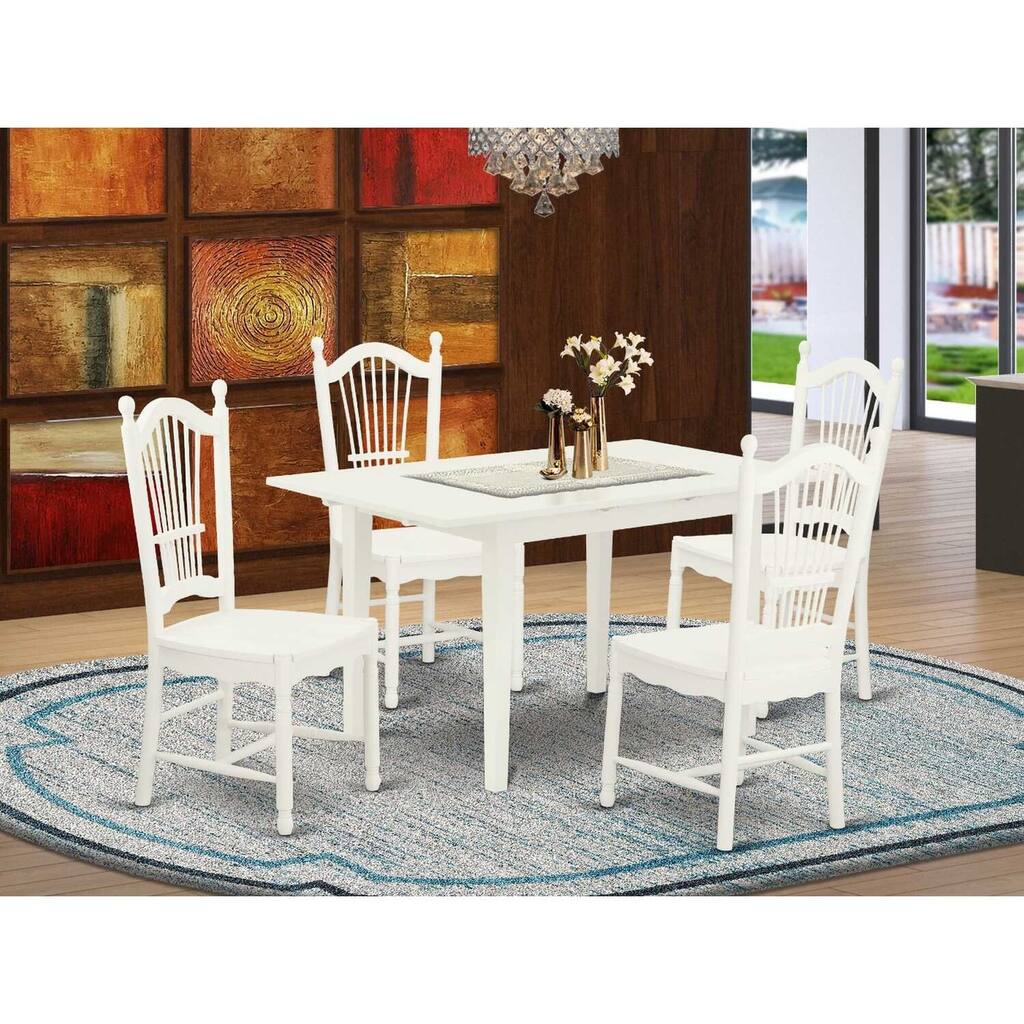 HomeStock 5-Pc Linen White Finish Solid Wood Top - Rectangular Dining Room Set with Butterfly Leaf - Seats 4
