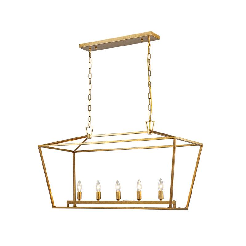 5-Light 39'' Modern Industrial Matte Gold Linear Lantern Geometric Chandelier Rectangle Cage Light For Kitchen Island - W39'' - W39'' - Matte Gold