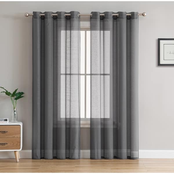 slide 2 of 5, HLC.me 2 Piece Semi Sheer Voile Window Curtain Drapes Grommet Top Panels Bedroom, Living Room - Set of 2 panels 54 W x 63 L - Charcoal Grey