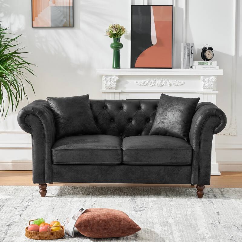 66"Chesterfield ‌Faux Leather Sofa,High-tech Fabric Roll Armrest Sofa,Upholstered Mid Century Modern Couch,2 Seater Couch - Black