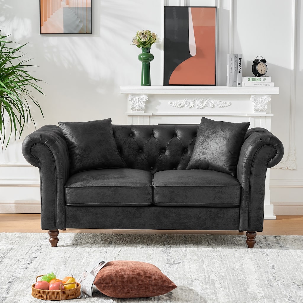 Roomfitters 66" Modern Chesterfield Upholstered Sofa, Scrolled Arm Loveseat with Button Back and Carved Wood Legs, Black