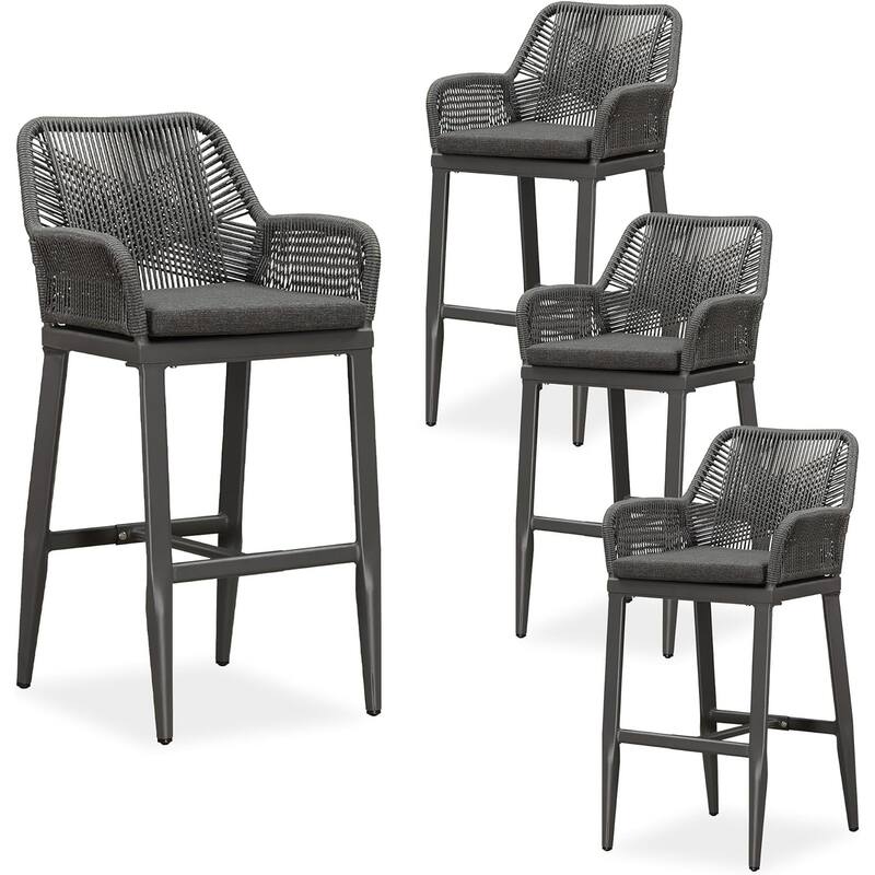 PURPLE LEAF Outdoor Counter Height Bar Stools Set of 4 Patio Aluminum Barstools with Back and Cushions - Grey-Bar Height
