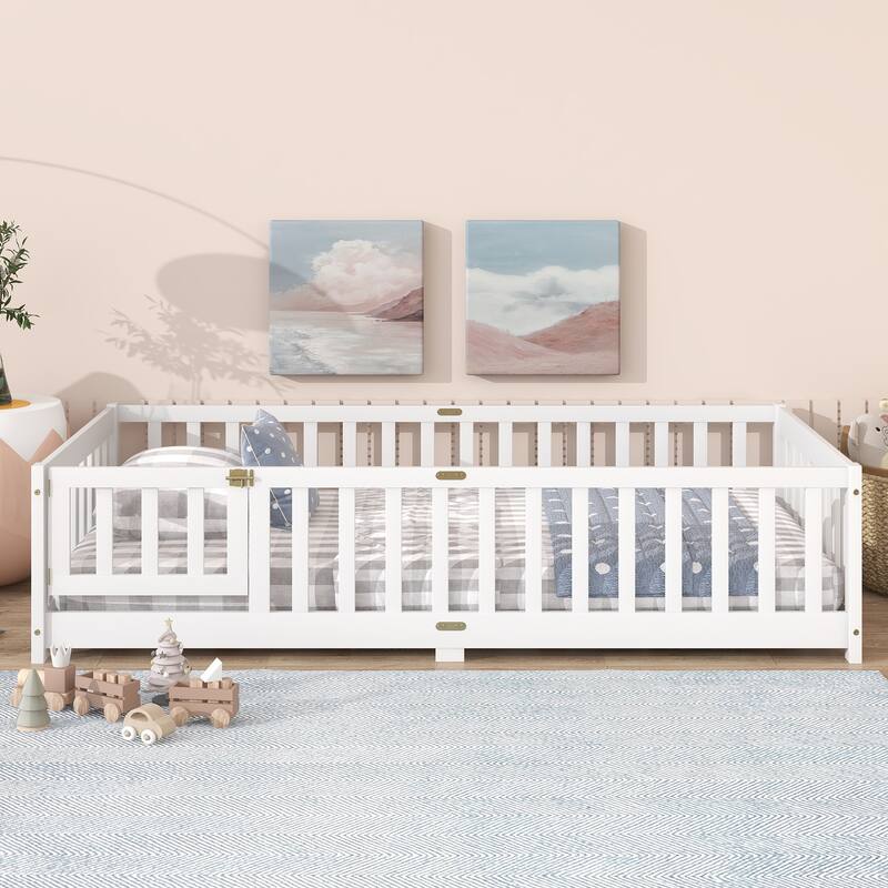 Twin Size Floor Bed with Fence and Door, Rubber Wood Floor Bed with Safety Guardrails