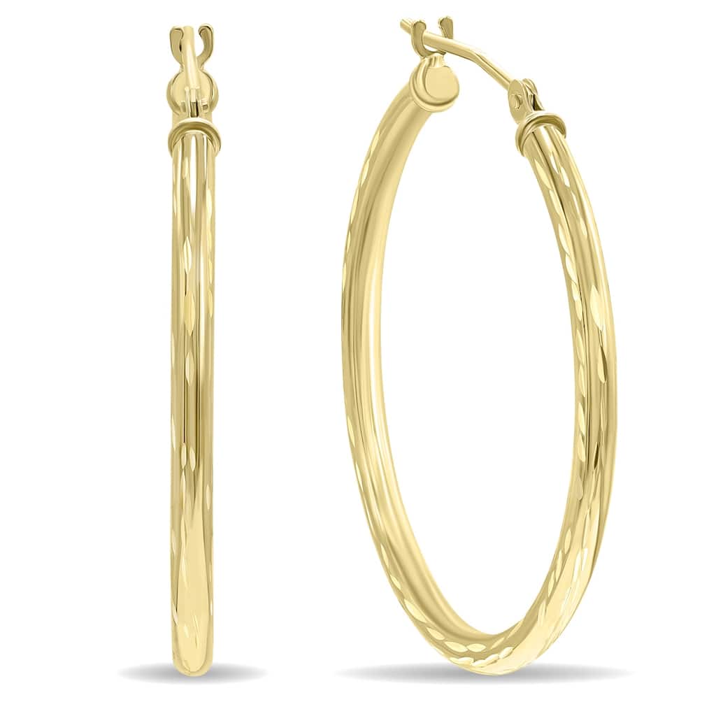 Marquee Jewels 10K Yellow Gold Shiny Diamond Cut Engraved Hoop Earrings (30mm)