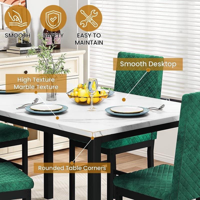 Grondin 5-Piece Dining Room Table Set with Faux Marble Table Top and Diamond Stitching Velvet Upholstery Dining Chairs