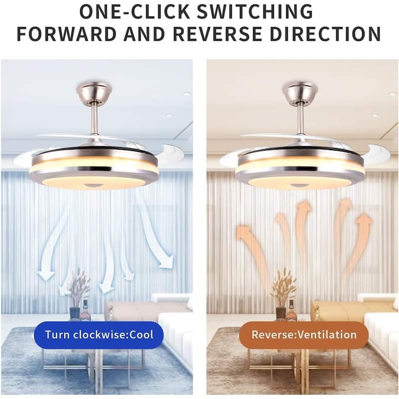 42" Retractable Ceiling Fan with Light Remote Control, Modern Silver Chandelier Ceiling Fan